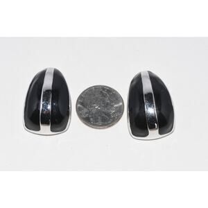 MORGAN TAYLOR Designer Logo Black & Silver Enamel Clip Earrings 1.5"